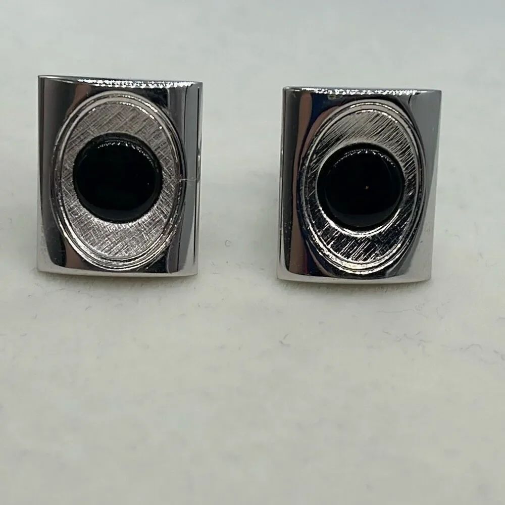 Vintage cuff links silver tone & black glass centers.